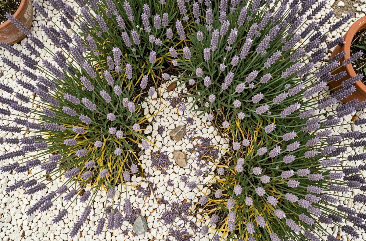 Vue aérienne d'un massif de lavandes trop serrées avec des tiges jaunissantes dans un jardin de garrigue
