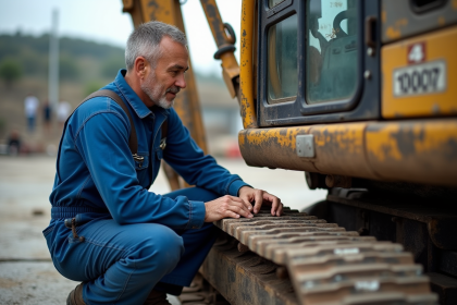 Mécanicien homme inspectant un excavateur en extérieur