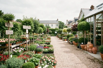 Vue panoramique d'une jardinerie dans les Hauts-de-Seine avec allées de plantes colorées et serres en arrière-plan