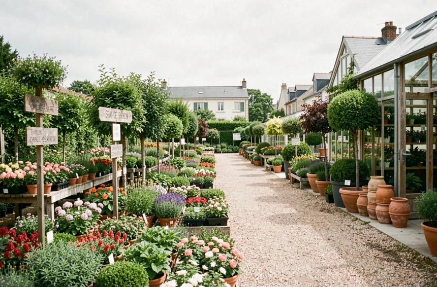 Vue panoramique d'une jardinerie dans les Hauts-de-Seine avec allées de plantes colorées et serres en arrière-plan