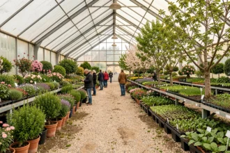Vue panoramique d'une jardinerie en Nouvelle-Aquitaine au printemps, avec allées de plantes en pot, arbustes fleuris et clients qui se promènent