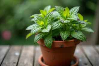 Feuilles de menthe avec taches noires et bords brunis dans un pot en terre cuite, signe de maladie fongique ou d'excès d'eau