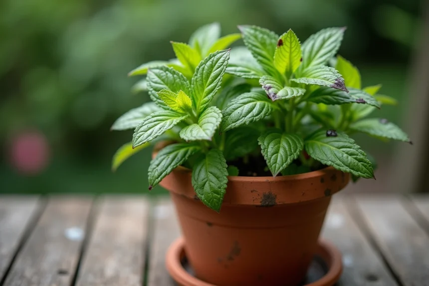 Feuilles de menthe avec taches noires et bords brunis dans un pot en terre cuite, signe de maladie fongique ou d'excès d'eau
