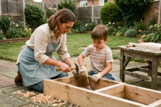 Mère et fille construisant ensemble une jardinière en bois dans le jardin, projet DIY familial sécurisé