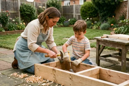 Mère et fille construisant ensemble une jardinière en bois dans le jardin, projet DIY familial sécurisé