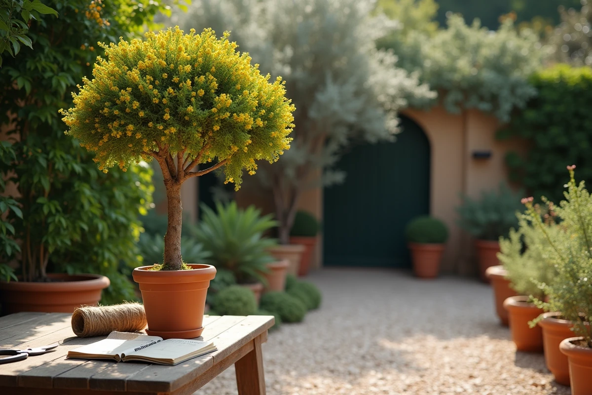 Mimosa taillé dans un jardin méditerranéen avec outils de jardinage et calendrier de taille manuscrit