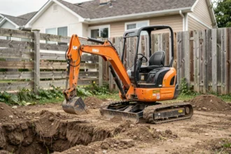Mini pelle compacte garée dans un jardin résidentiel avec une tranchée fraîchement creusée, illustrant la location pour particulier