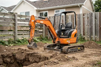 Mini pelle compacte garée dans un jardin résidentiel avec une tranchée fraîchement creusée, illustrant la location pour particulier