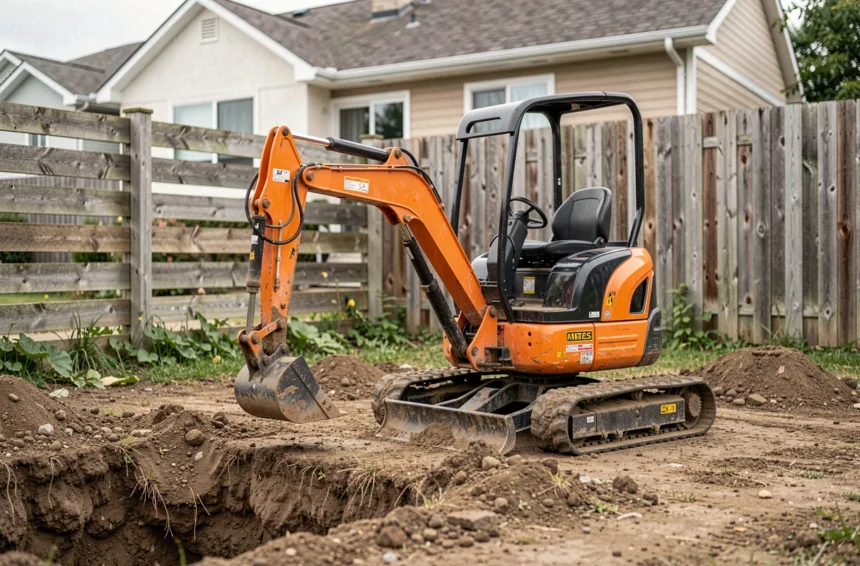 Mini pelle compacte garée dans un jardin résidentiel avec une tranchée fraîchement creusée, illustrant la location pour particulier
