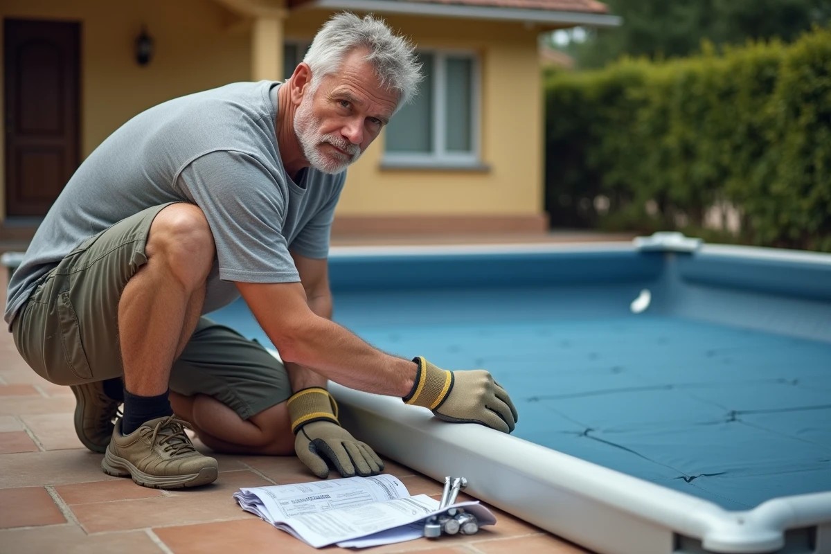 Homme assemblant une piscine hors sol rectangulaire sur une terrasse, guide de montage et critères techniques