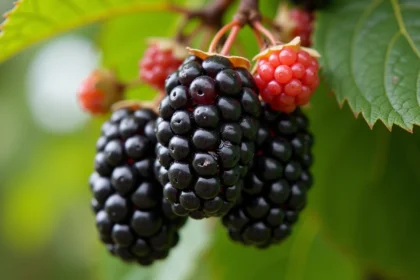 Gros plan sur des mûres de mûrier platane mûres et non mûres pendant à une branche, avec feuilles vertes en arrière-plan flou