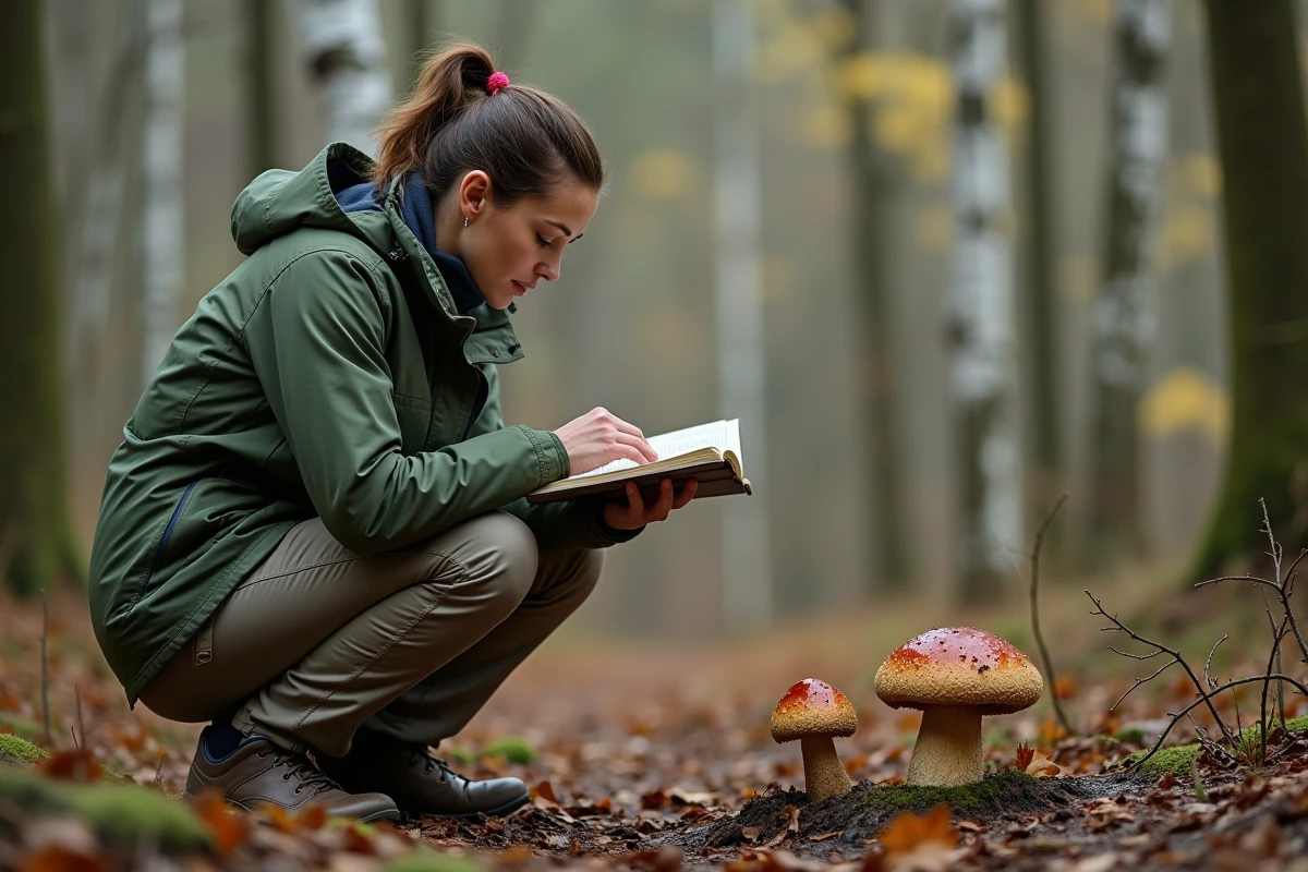 Mycologue femme examinant deux bolets similaires en forêt pour identifier le bolet à chair jaune et éviter les confusions avec d'autres espèces
