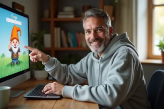 Personne découvrant le doodle nain de jardin caché sur la page Google depuis un bureau à domicile