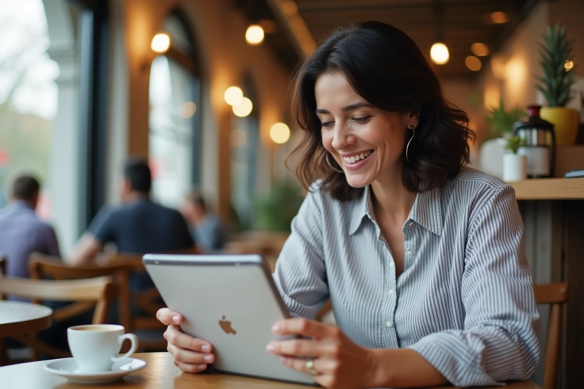 Femme découvrant le nain de jardin Google sur une tablette dans un café en 2026