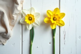 Comparaison côte à côte d'une fleur de narcisse blanc et d'une jonquille jaune posées sur bois patiné, style botanique éditorial