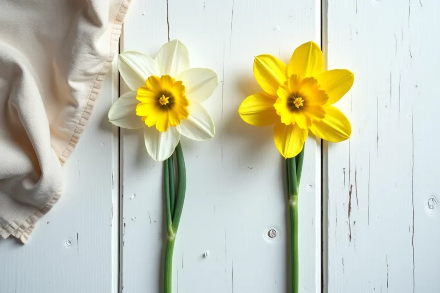 Comparaison côte à côte d'une fleur de narcisse blanc et d'une jonquille jaune posées sur bois patiné, style botanique éditorial