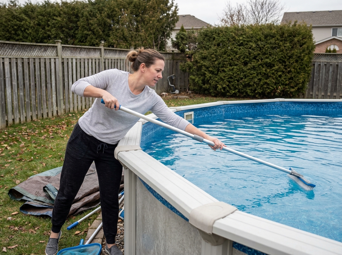 Femme nettoyant les parois de sa piscine hors-sol avec une brosse télescopique au printemps