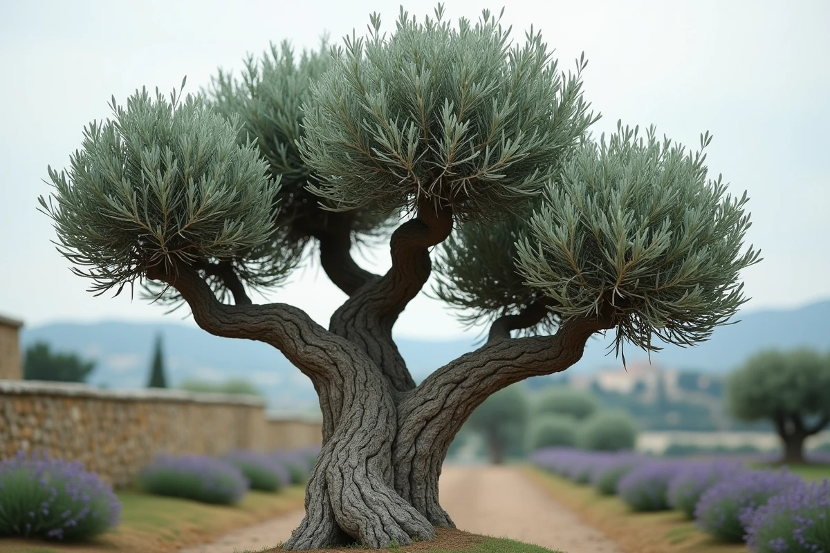 Gros plan d'un olivier taillé en forme de nuage avec des pompons de feuillage distincts et des branches torsadées nues