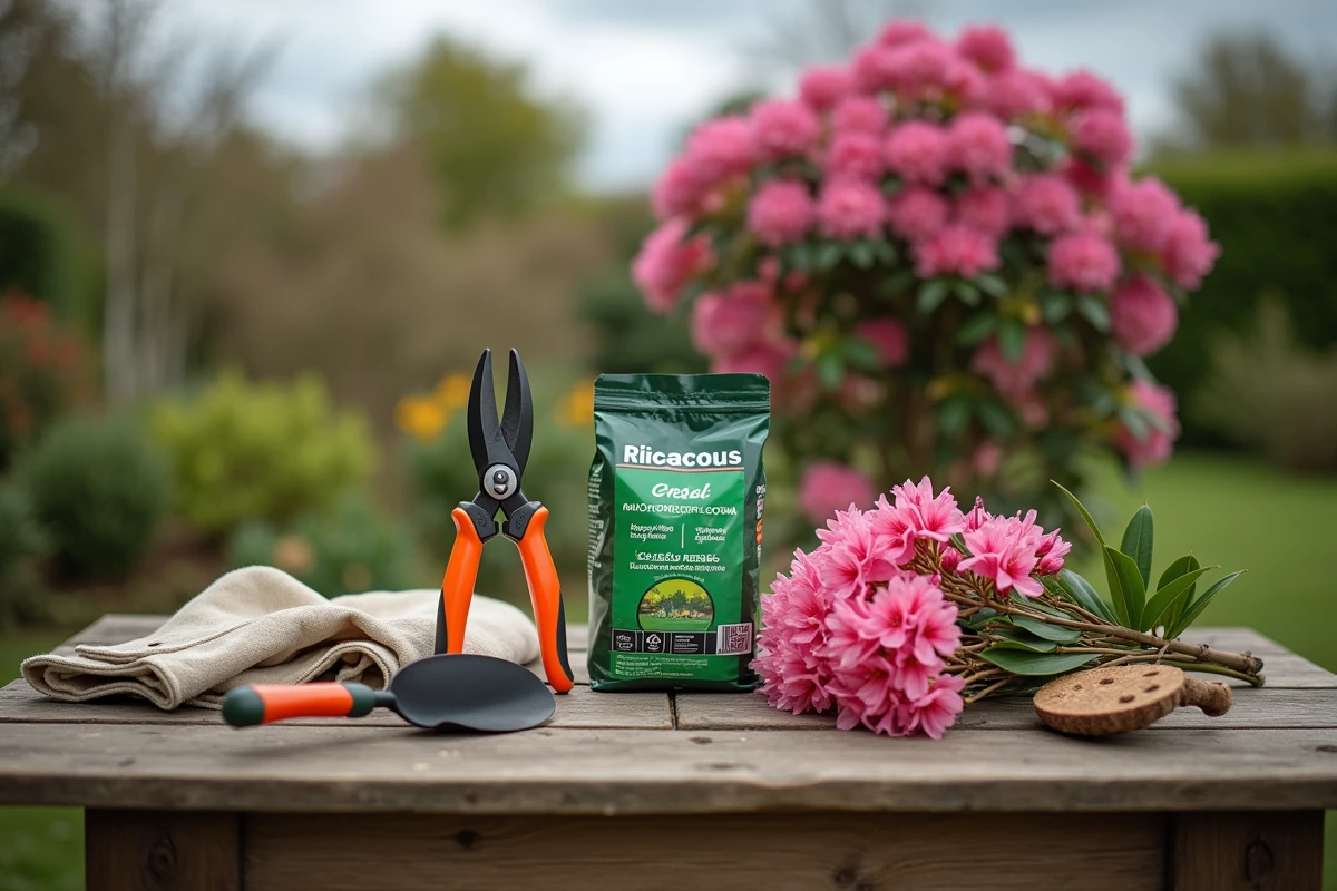 Table de jardin avec les outils nécessaires à l'entretien du rhododendron après floraison au printemps