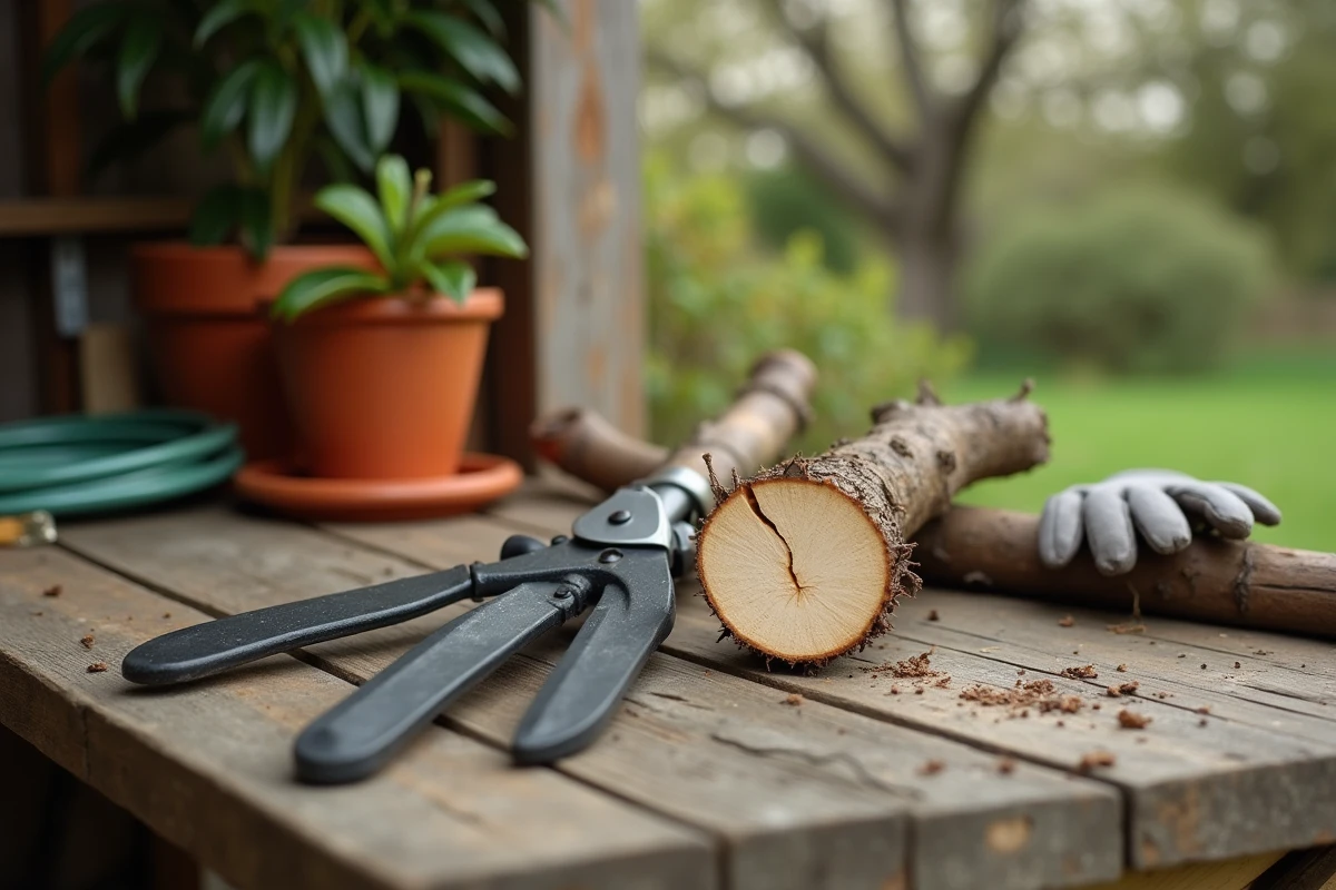 Outils de taille professionnels et coupe nette sur une branche de Prunus après élagage post-tempête