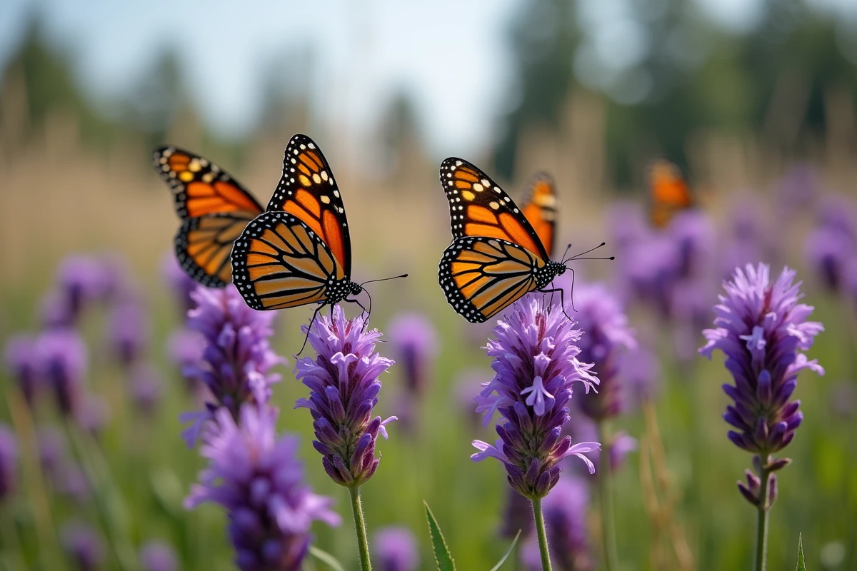 Groupes de monarques butinant sur fleurs violettes dans la prairie