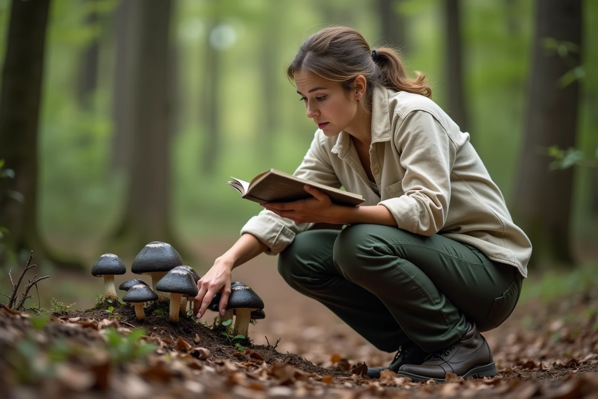 Mère prudente en forêt examinant des trompettes de la mort sauvages avec un guide mycologique, conseils de sécurité pour les parents cueilleurs