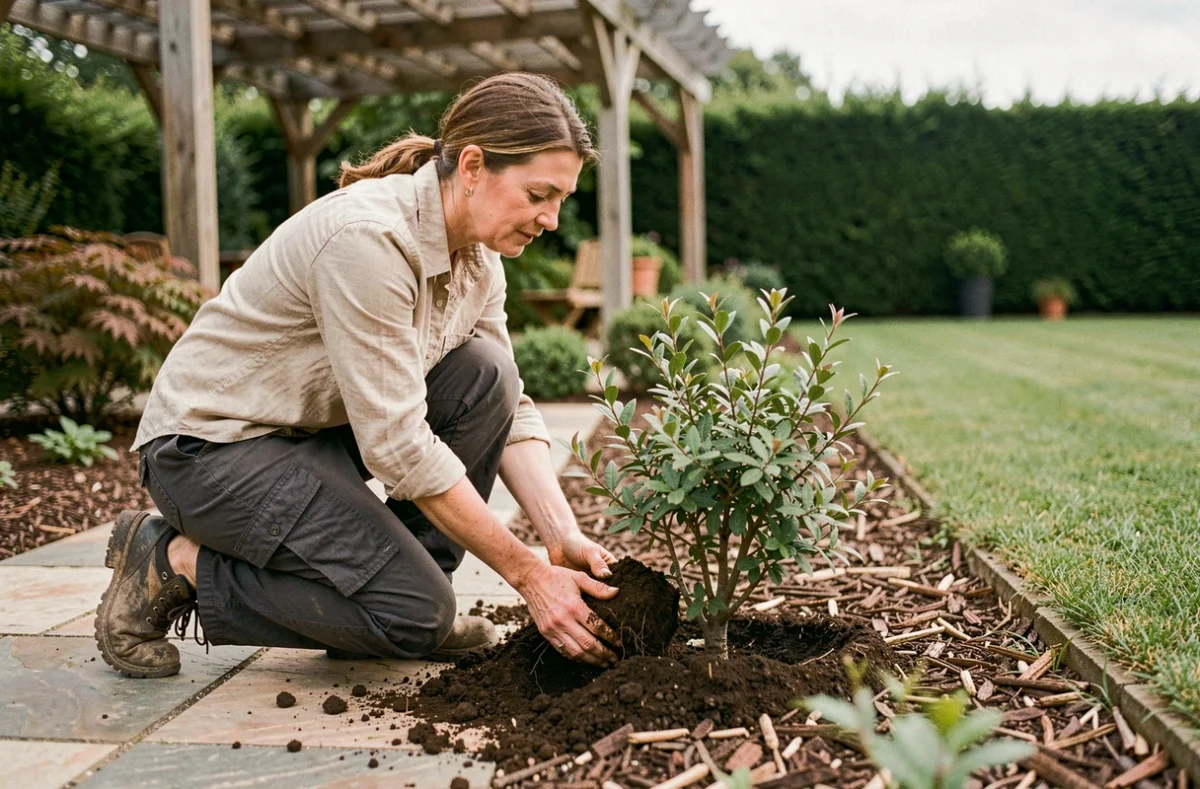 Paysagiste femme plantant des arbustes ornementaux dans un jardin privé aménagé avec pergola et allée en pierre