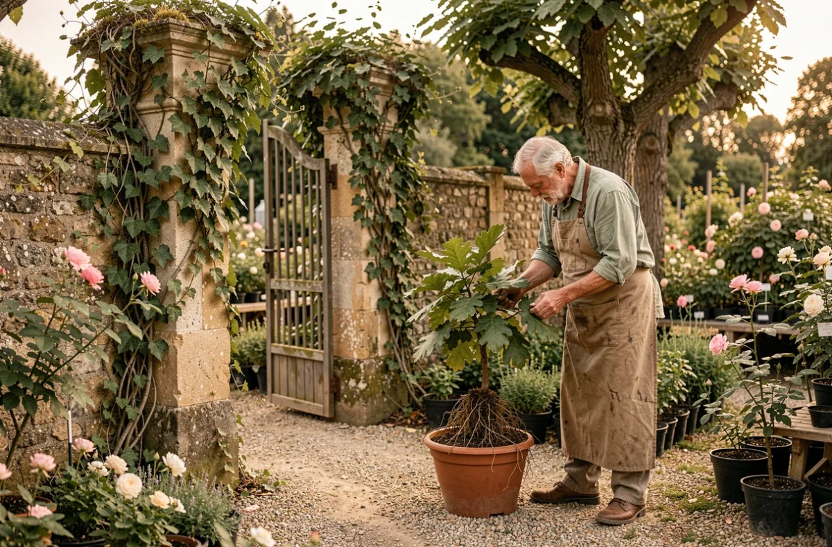 Entrée historique des Pépinières Lafitte en Gironde, avec un jardinier expérimenté inspectant une jeune plante dans une allée bordée d'arbres matures