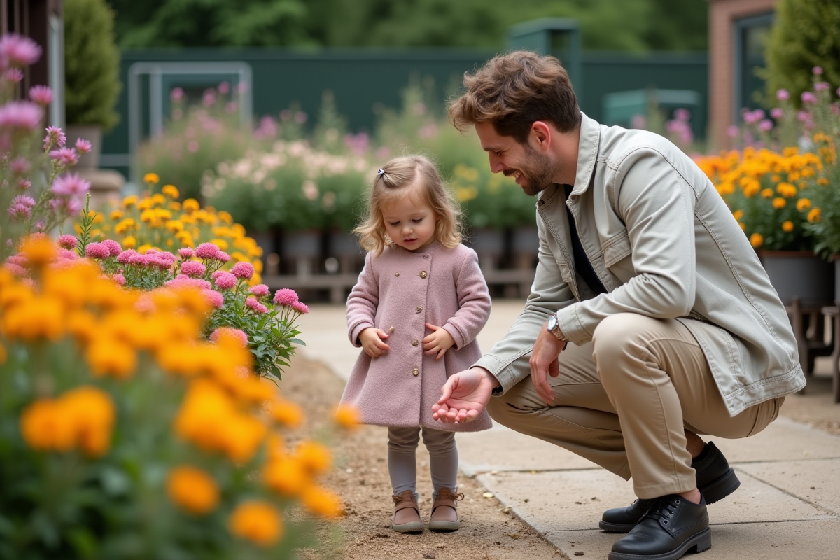 Père et fille regardant des arbustes fleuris dans un jardin extérieur