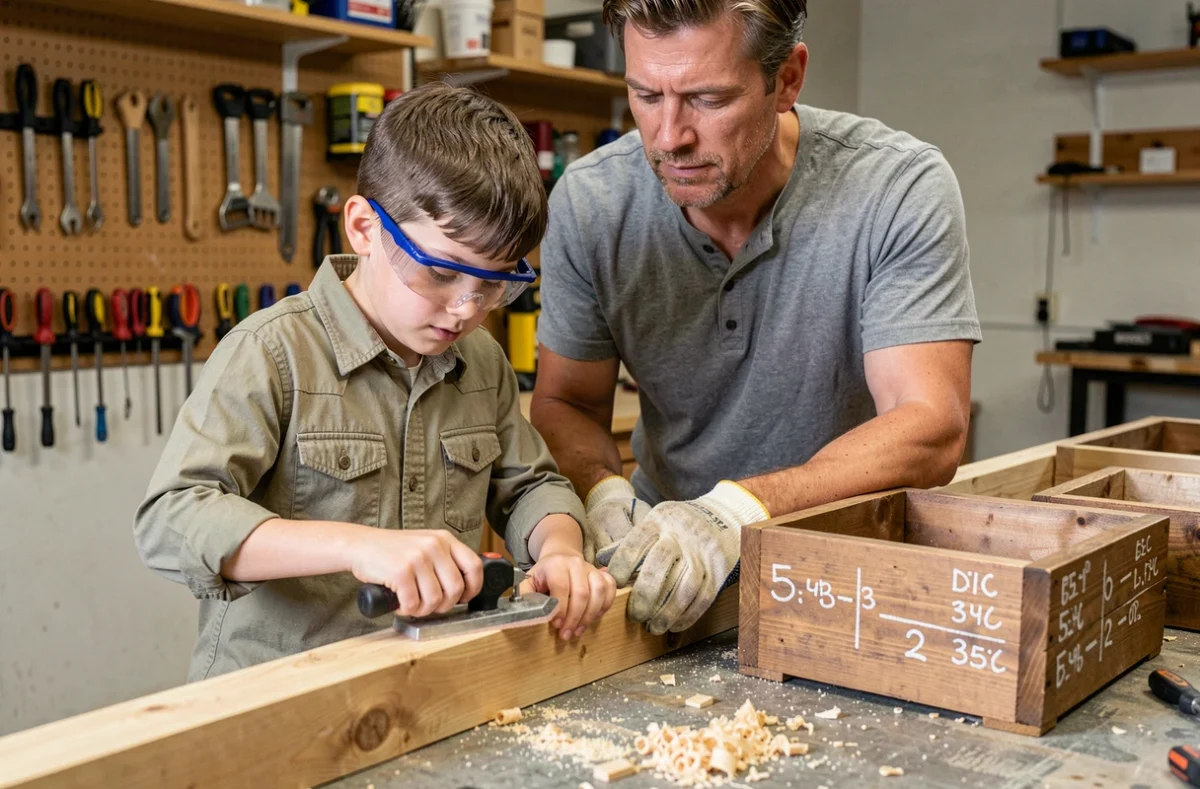 Père guidant son fils dans le ponçage d'une planche de bois pour fabriquer une jardinière DIY en atelier