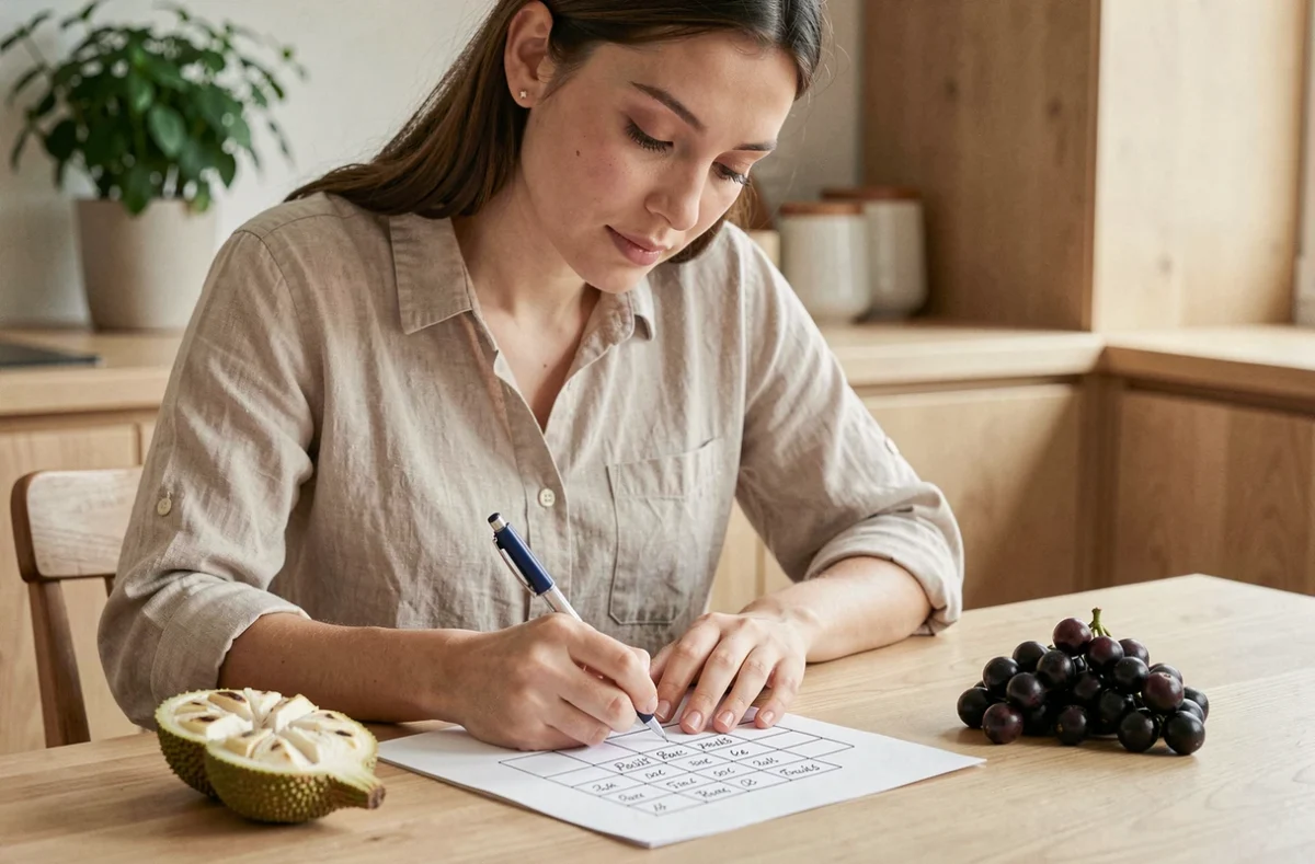 Jeune femme complétant une grille de Petit Bac avec des fruits en J comme le jacquier et la jabuticaba posés sur la table