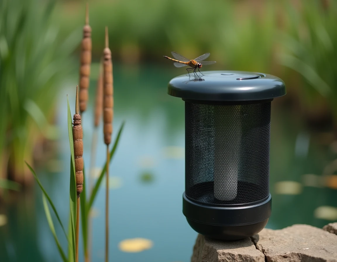 Piège à moustiques installé près d'un point d'eau naturel avec libellule et plantes aquatiques illustrant la biodiversité