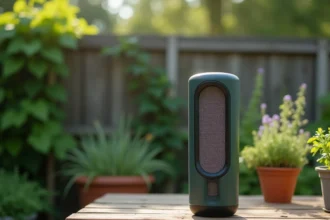 Piège à moustiques écologique posé dans un jardin verdoyant avec végétation naturelle en arrière-plan