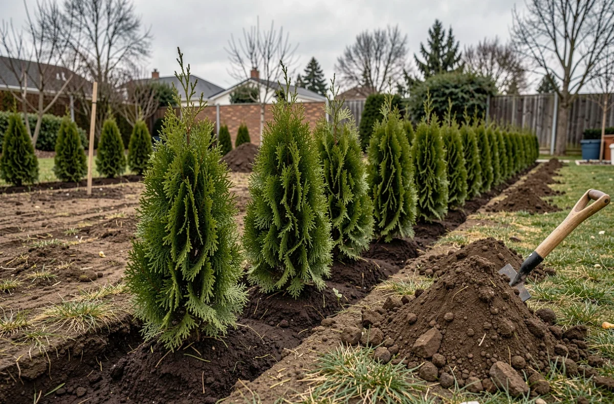 Plants de thuyas espacés régulièrement dans une tranchée de plantation