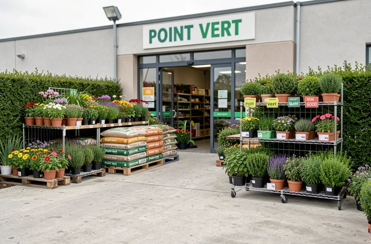 Espace d'entrée du Point Vert d'Antony avec plantes de saison, sacs de terreau et arbustes fleuris sur parvis