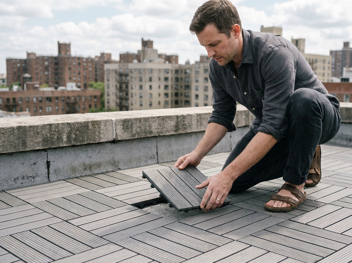 Homme posant des dalles de caillebotis composite gris sur une terrasse de toit en milieu urbain