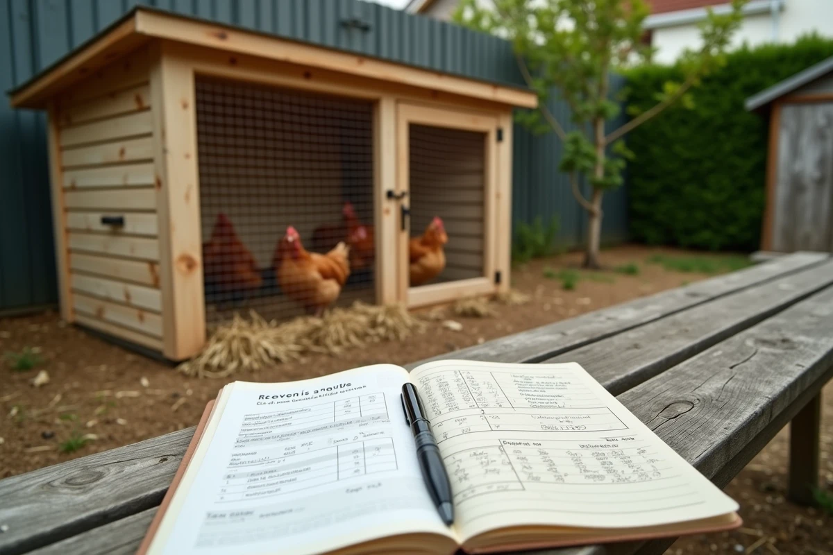 Petit poulailler urbain dans un jardin de banlieue avec des notes fiscales manuscrites sur un banc de jardin