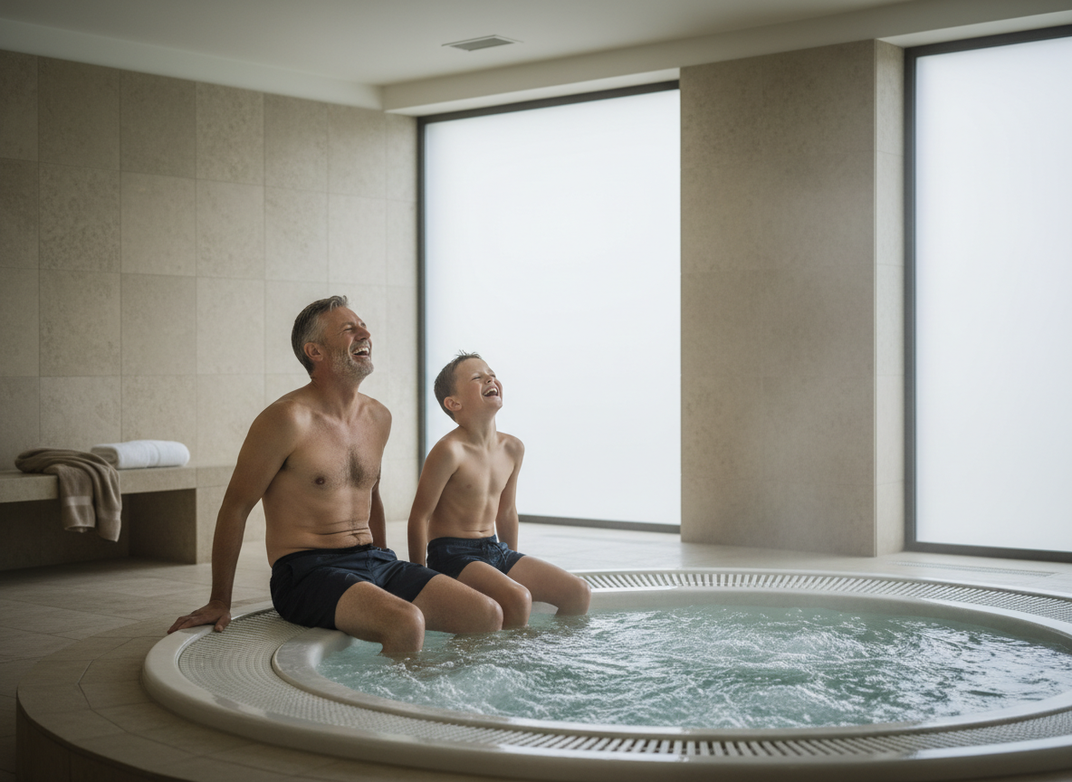 Père et fils riant dans un spa intérieur moderne