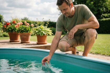 Homme testant la qualité de l'eau de sa piscine avec un kit d'analyse chimique avant l'été