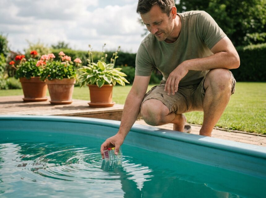 Homme testant la qualité de l'eau de sa piscine avec un kit d'analyse chimique avant l'été