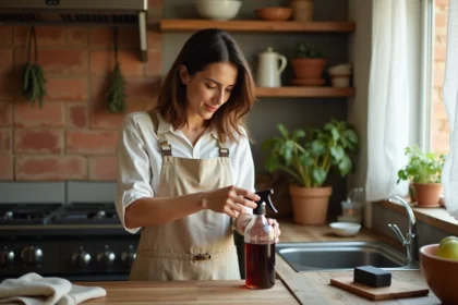 Femme préparant une solution maison au savon noir dans une cuisine rustique pour éloigner les fourmis