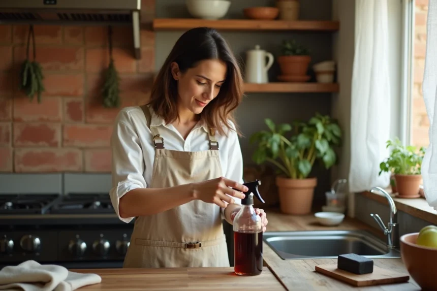 Femme préparant une solution maison au savon noir dans une cuisine rustique pour éloigner les fourmis