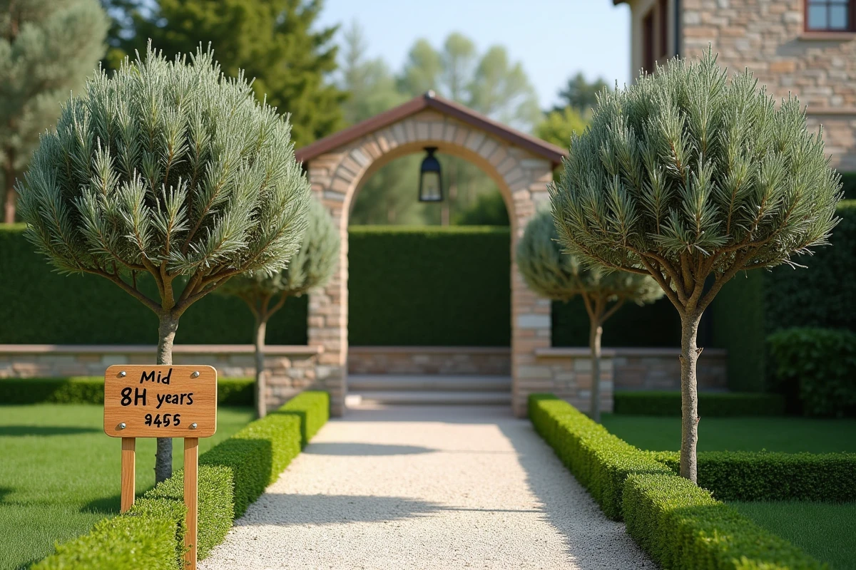 Trois oliviers en nuage à différents stades de taille dans un jardin résidentiel illustrant la progression du résultat