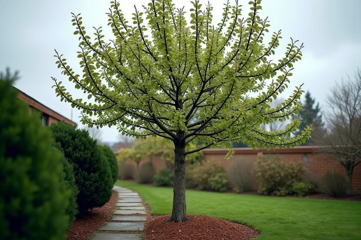 Prunus en cours de reprise après une taille sévère post-tempête avec cicatrisation des plaies de taille et bourgeons naissants