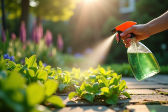 Main pulvérisant de l'herbicide maison sur des mauvaises herbes vertes