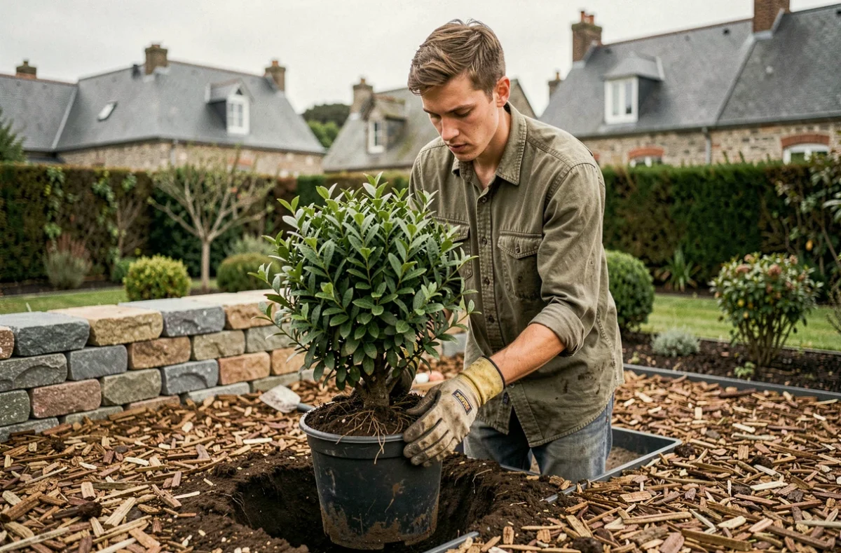 Kévin Quemener transplantant un arbuste dans un jardin résidentiel des Côtes-d'Armor