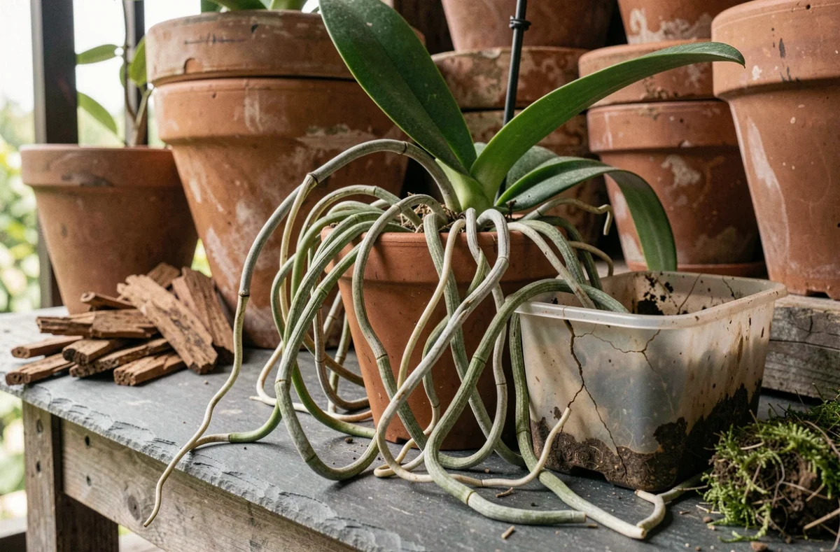 Racines aériennes d'orchidée envahissant un pot terracotta fissuré sur un banc de rempotage, indiquant la nécessité de changer de contenant