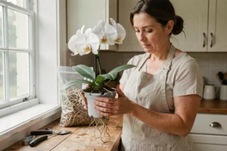 Femme tenant une orchidée dont les racines débordent d'un pot transparent fissuré, signe qu'il est temps de rempoter