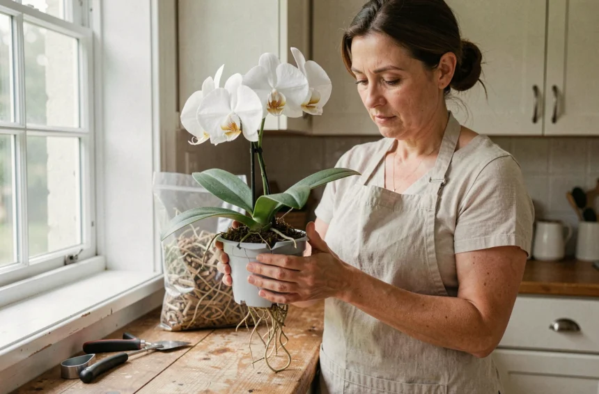 Femme tenant une orchidée dont les racines débordent d'un pot transparent fissuré, signe qu'il est temps de rempoter