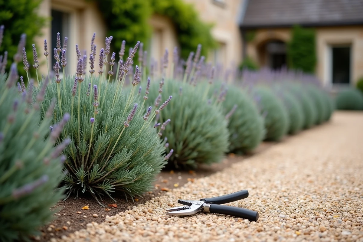 Rangée de lavandes taillées en coussins ronds dans un jardin formel avec allée en gravier et sécateur posé au sol, vue en légère plongée